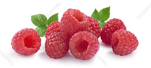 Raspberry horizontal set with leaves isolated on white background