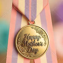 Close-up of a beautiful gold Mother's Day medal hanging from a pastel striped commemorative ribbon
