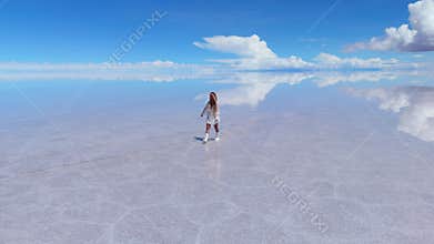 A woman walks across the expansive Salar de Uyuni salt flats in Bolivia, under a clear blue sky