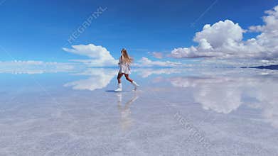 A woman running across the expansive Salar de Uyuni salt flats in Bolivia, capturing the serene beauty of the landscape - More