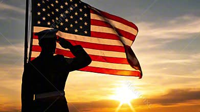 American Soldier Silhouette Flag Sunset Patriotic Military Honor Veterans Tribute USA Freedom Service
