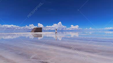 A woman walks across the expansive Salar de Uyuni salt flats in Bolivia, her reflection mirrored in the shallow water under a