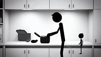 Stick Figure Parent Cooking Meal as Stick Figure Child Watches in White Kitchen