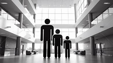 Black Stick Figures Standing Together in Modern Hallway Interior