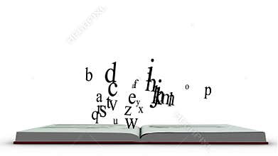 Animation of red book opening and letters floating up