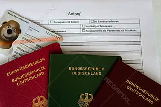 German passport application form with passports