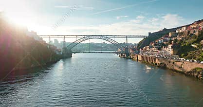 Porto cityscape spanning Douro River with Dom Luis I Bridge