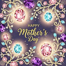 Elegant greeting card design featuring sparkling gemstones and golden ornate floral borders celebrating Mother's Day