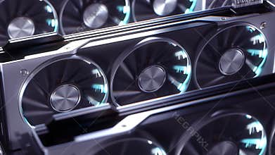 Row of GPU. Graphics processing units rack. 3d animation