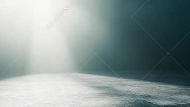 Light beam illuminating vast empty dark room