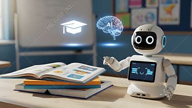 A futuristic classroom scene featuring a white robot teaching with ai and books
