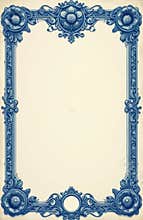 Elegant blue frame borders cream paper. Floral pattern with ornate corner elements decorates blank template. Art nouveau design