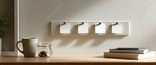 Minimalist workspace with coffee mug, glass jar of coins, blank notes on wall clips, and stacked books on wooden desk under soft