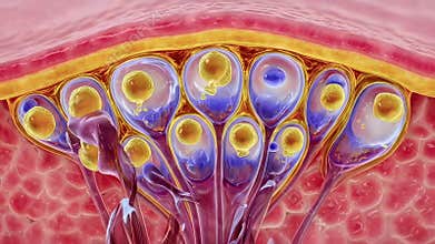sweat gland cluster embedded under skin surface showing ducts and secretory