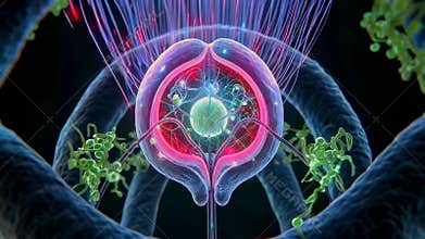 vivid synapse releasing neurotransmitters across cleft with axon and dendrite