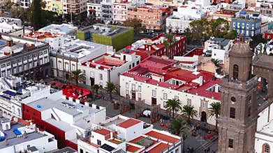 Aerial 4K over Las Palmas Cathedral and Plaza Santa Ana at Christmas