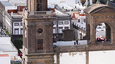 Aerial 4K pan of Catedral de Santa Ana, Las Palmas at Christmastime