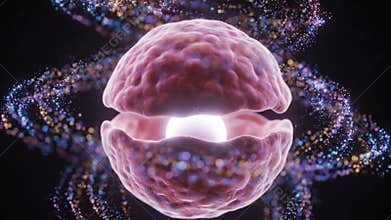 Animated Pink Cellular Shell Opening to Reveal Glowing Orb with Particle Trail on Dark Background Medical Technology