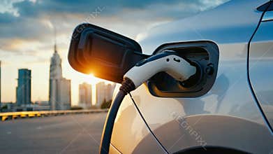 Electric Car Charging Against a City Skyline at Dusk, sustainable mobility concept