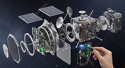 Detailed exploded view of advanced satellite components illustrating complex aerospace engineering technology assembly