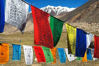 Prayer flags with stupas - India