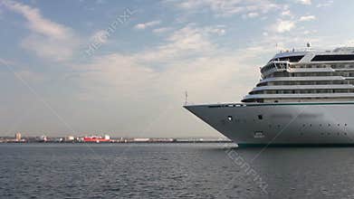 White luxury liner arriving at sea port from cruise timelapse