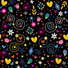 Nature love harmony hearts flowers dots fun characters seamless pattern