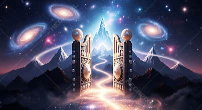 Ornate grand gate opens to a luminous winding path toward a glowing mystical mountain peak.