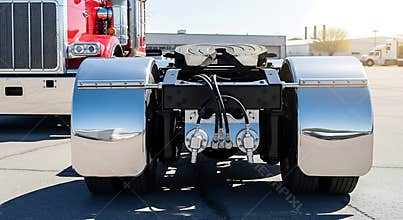 Detailed view of a heavy-duty semi-truck's rear axle assembly showcasing bright chrome fenders.