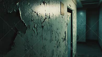 Dark decaying hallway with peeling paint texture