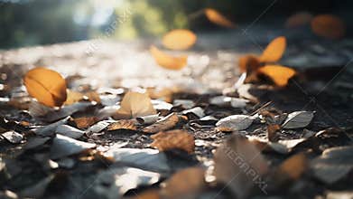 Golden autumn leaves falling on ground in sunlight