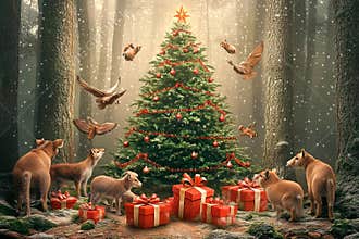 Magic of Christmas in a forest surrounded by joyful animals and gifts