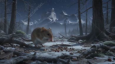 Close up of a wood mice searching food on the forest floor at night in winter season-003