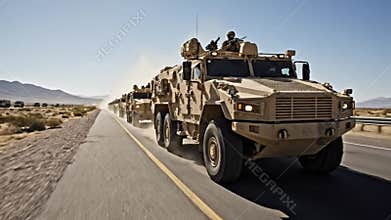 Armored Patrol Moving. Convoy Of Camouflaged Armored Trucks Travels Across Arid Landscape Under Clear Sky. Military