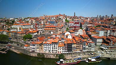 Aerial panning view of Porto Ribeira District and Douro River