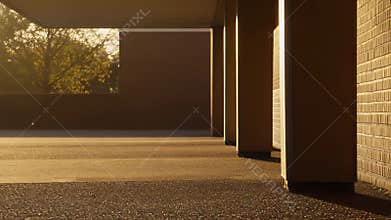 Building columns creating shadows during golden hour