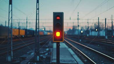 Railway signal showing red light at twilight depot