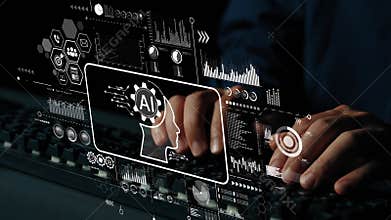 Hands Typing on Keyboard with AI Technology and Digital Interface Displaying Data Analytics and Graphs in Dark