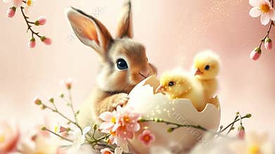 Easter bunny and Easter chicks in eggshells