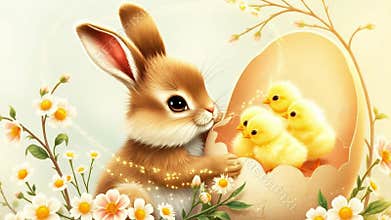 Easter bunny and Easter chicks in eggshells