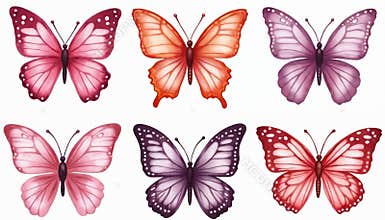 Six watercolor butterflies in pink orange and purple hues. Collection of flying insects for party invitations baby showers and