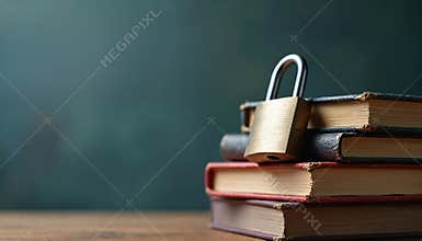 Old books are secured with a brass padlock. This symbolizes restricted access to knowledge and intellectual property protection.
