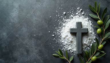 Ash Wednesday cross with ashes and green olive branch. Religious symbol for lenten season and Christian faith. Spiritual