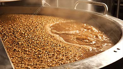 Close-Up of Fermenting Grains in Large Vat at Distillery Featuring Bubbling, Steam, and Warm Brown Tones for Food