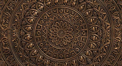 Intricate bronze circular mandala carving featuring detailed floral and geometric relief patterns