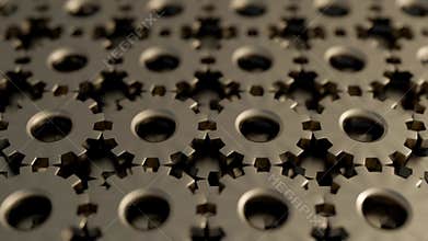 The camera dolly-in, plunging through stacked, interlocking steel cogs.