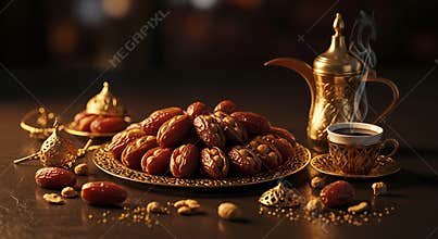Plate of Dates and Coffee in Gold Ornate Cups and Utensils