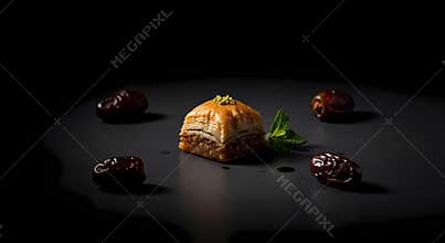 Baklava Pastry with Dates and Fresh Mint on Black Background