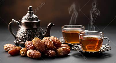 Date Fruits and Tea Cups with Ornate Tea Pot on Dark Background