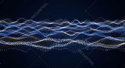 Digital Waveform with Blue and White Particles on Dark Background